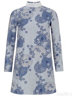 Shrimps Light Blue and Navy Floral Jacquard Long Sleeve Dress